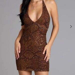 Maribel Sequin Bead Halter Mini Dress